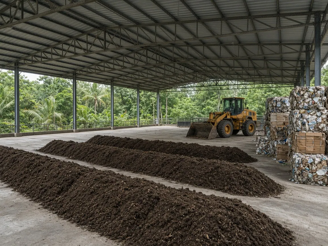Compost windrows and sorted recycling bales under an open municipal shed.