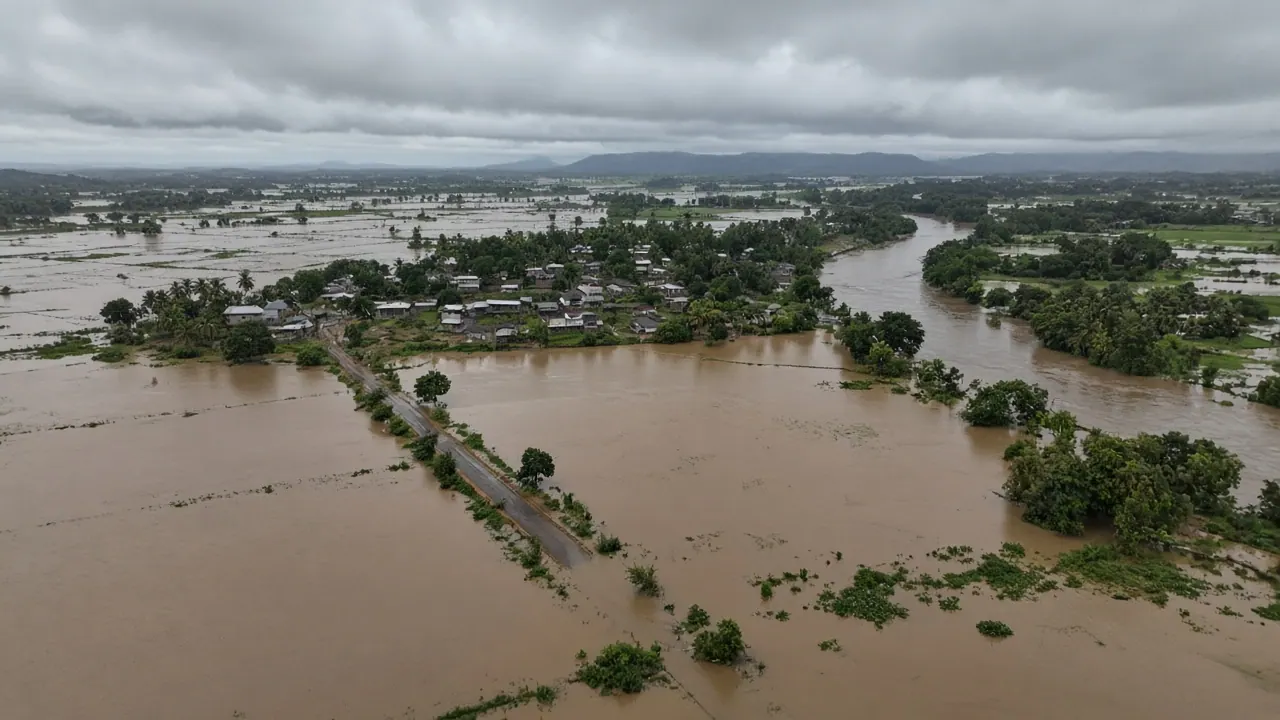 Floodwater covering paddy fields and a rural road in a lowland river basin.