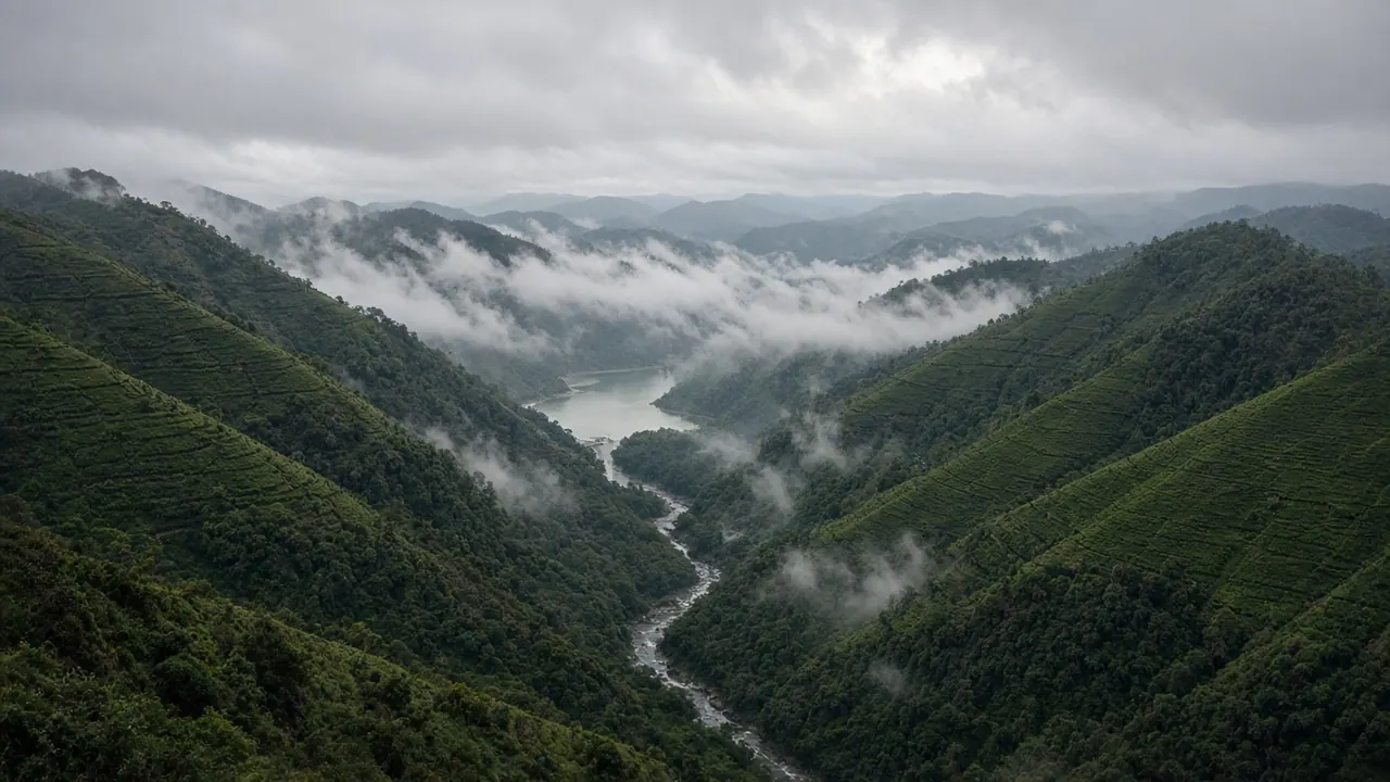 A misty river catchment in Sri Lanka's central highlands with terraced slopes and a reservoir.