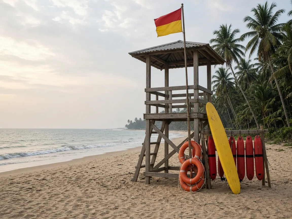 An empty lifeguard tower with rescue tubes and ring buoys on a palm-lined beach.