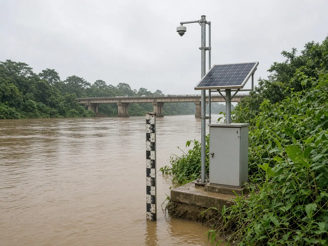 A river-level gauge and solar-powered telemetry cabinet beside a swollen river.
