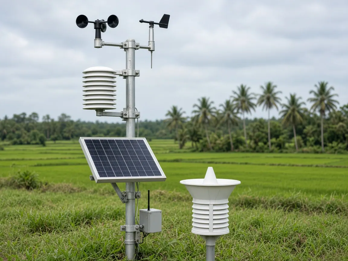 An automatic weather station with a rain gauge and solar panel in rural paddy land.